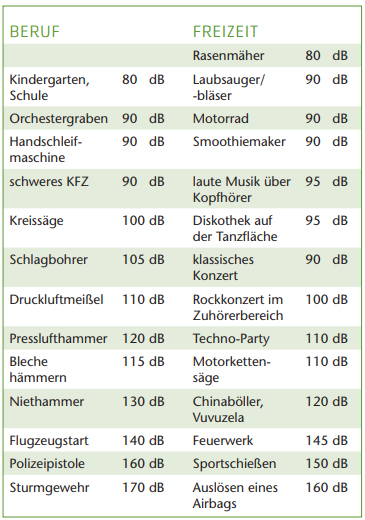 Auszug aus der EUHA-Information: mögliche Lärmpegel im Alltag