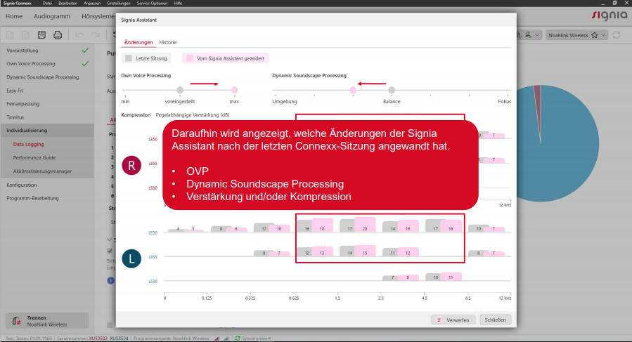 HörakustikerInnen erhalten über die Connexx einen 100% transparenten Überblick über alle vorgenommenen Änderungen mit Signia Assistant