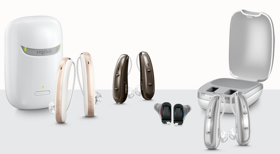 Signia Xperience Essentiel - Das sind die Neuen (v.l.n.r.): Signia Styletto X, Silk X (IdO), Pure 312 X und Pure Charge&Go X